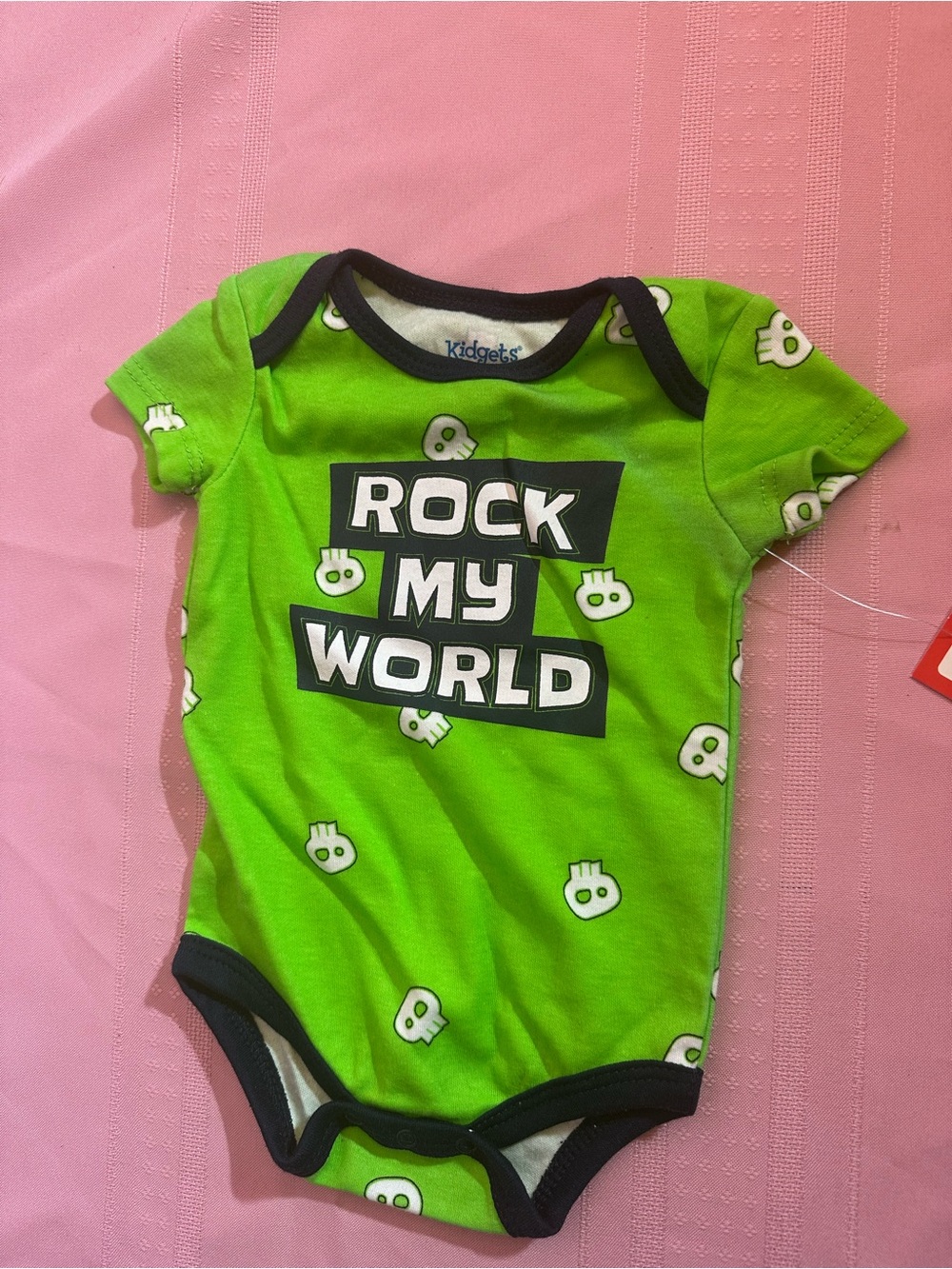 Kidgets Bright Green "Rock My World" Graphic Bodysuit with Black Trim